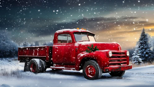 Snowy red truck rests warmly in a quiet winter landscape