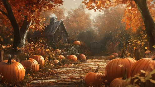 Pumpkin lined forest path leading to wooden cabin in autumn.