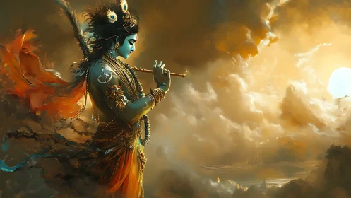 Divine flute-bearer walks through molten clouds at dawn.