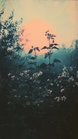 Silhouetted wildflowers against muted pastel sunrise.