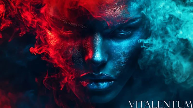 Fierce dual-tone portrait wrapped in swirling red and blue haze.