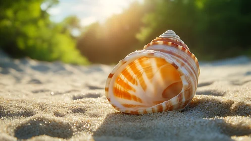 Striped seashell on sunlit sandy beach at sunrise.