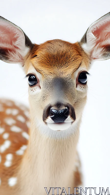 Gentle fawn portrait with bright minimalist backdrop.