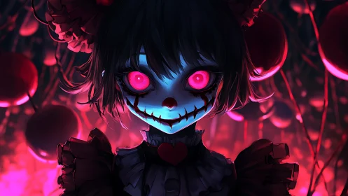 Horror doll girl stares forward with glowing neon eyes