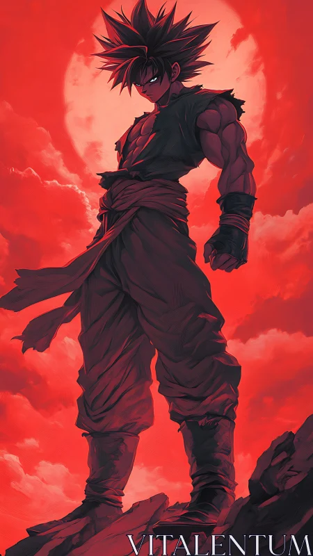 Warrior stands defiant beneath blazing crimson moon.