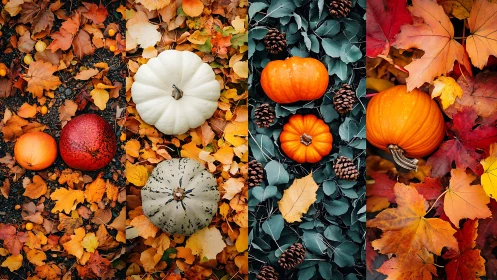 Colorful pumpkins resting on dense layers of autumn leaves.