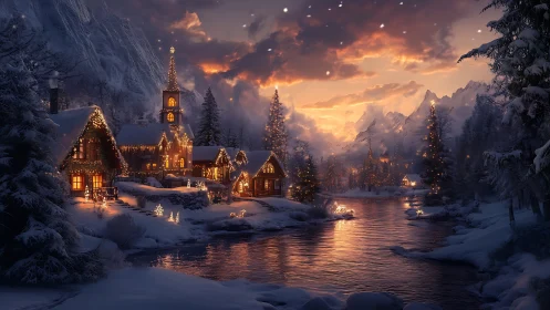 Illuminated alpine village at dusk with reflective snowbound river.