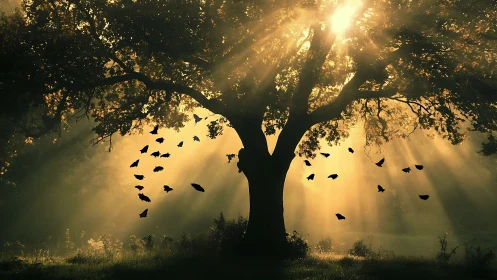 Backlit oak silhouette with radial golden sunbeams in forestscape.