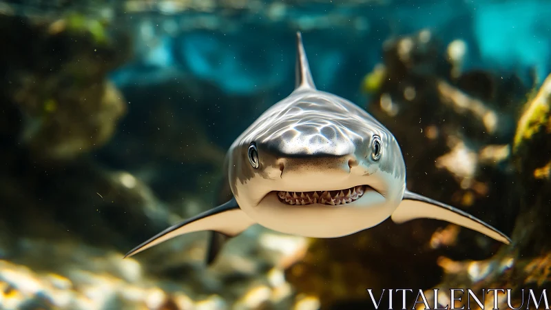 Shark swims toward camera in clear shallow reef water