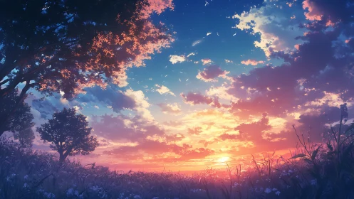 Radiant sunset sky unfolds above tranquil wildflower meadow.