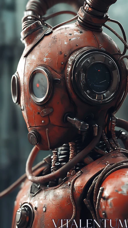 Rust colored retrofuturistic humanoid robot with hoses.