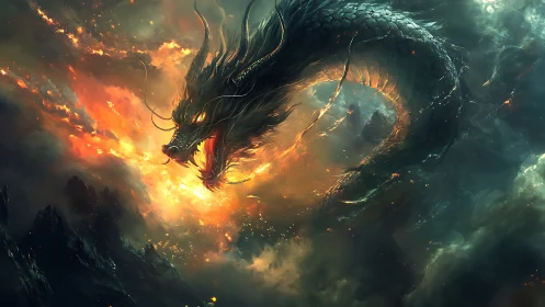 Stormfire serpent coils through molten skies of mythic dusk.