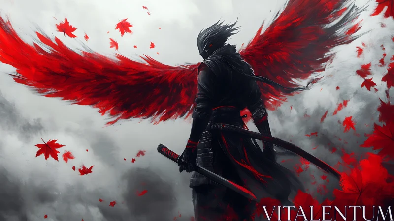 Winged katana warrior in red-black storm of falling maple leaves