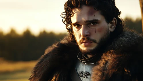 Armored figure in furs with facial scars at sunset outdoors.