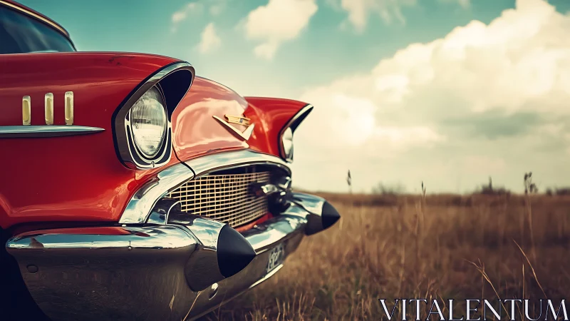 Classic red coupe glows against sunlit prairie horizon.