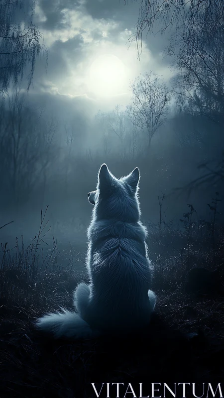White wolf watches full moon in dark misty forest night.