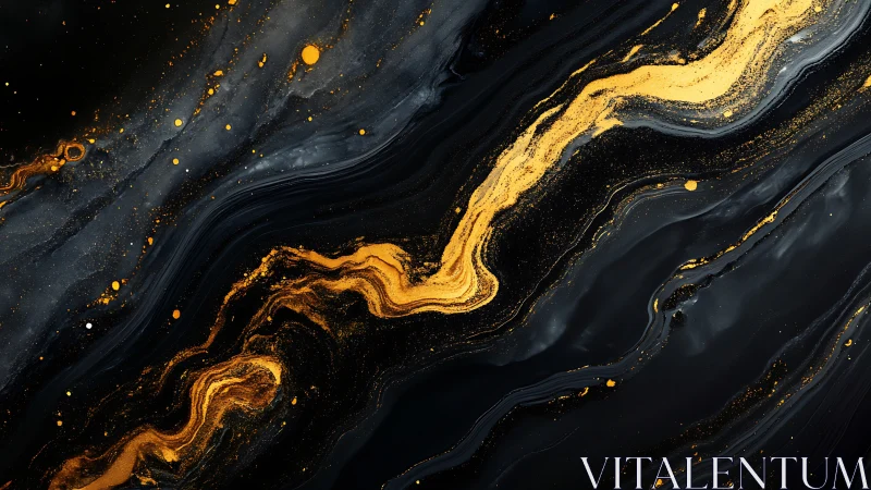 Molten gold pigment river over black fluid marble ground