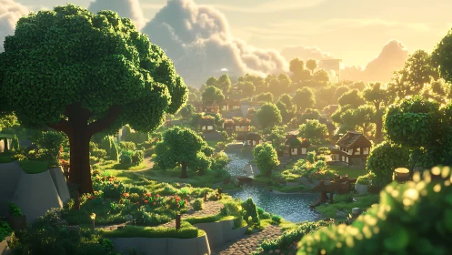 Fantasy village landscape with lush green trees and river.