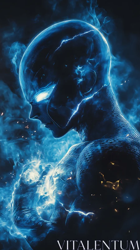 Humanoid energy figure with luminous blue electrical aura.