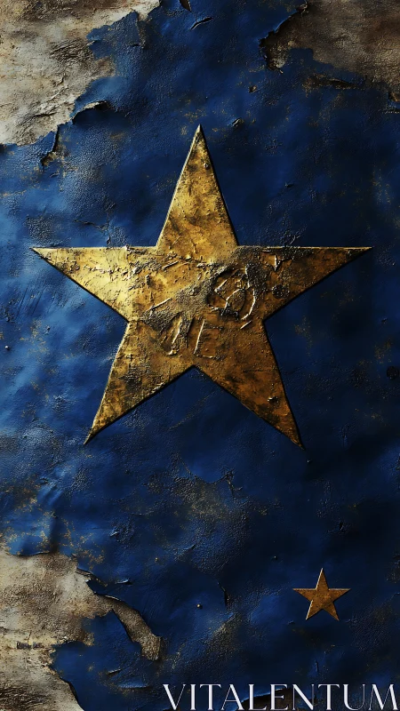 Weathered golden stars on deep blue textured canvas.