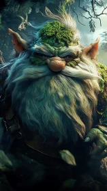 Forest guardian gnome with mossy hair and wise, gruff charm.