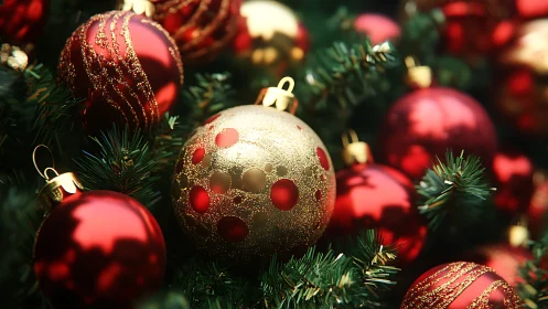 Gilded Christmas baubles glow in a lush evergreen dream.