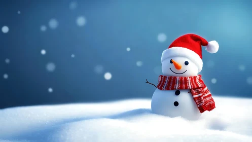 Cheerful snowman in red scarf and Santa hat on snowy field