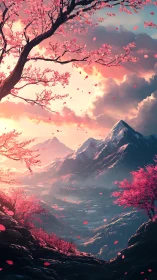 Mountain valley landscape shows pink blossom trees at sunset