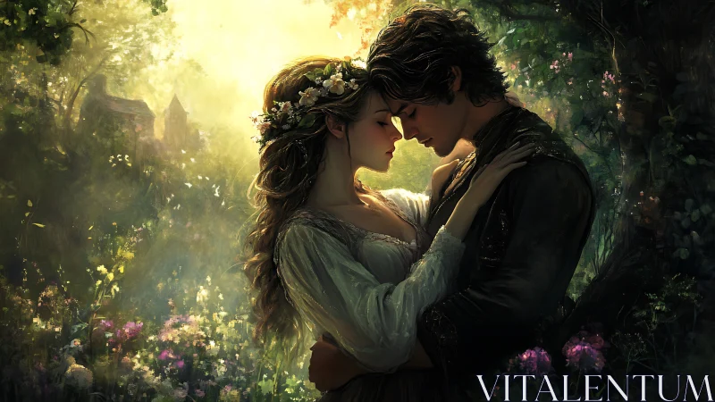 Figures in Garden Setting with Atmospheric Lighting