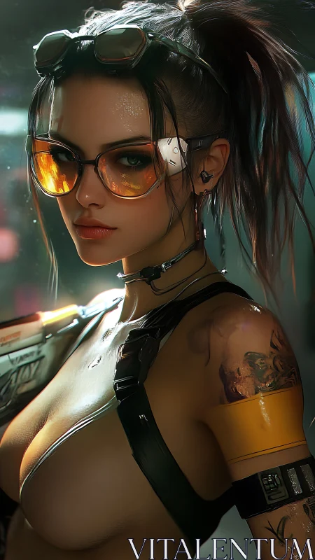 Cybernetic sexy woman in reflective glasses with tactical gear.