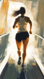 Runner on treadmill sprinting toward bright morning light.