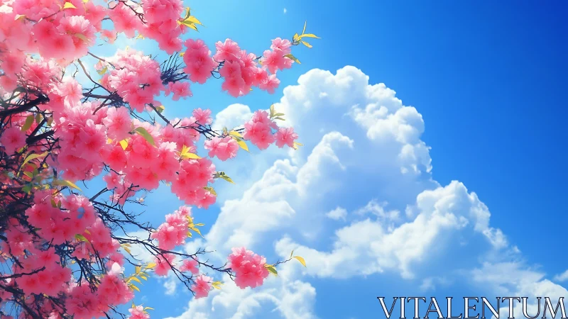 Pink Flowering Blossoms Against Blue Sky with Cumulus Clouds.