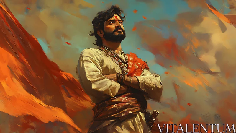 Desert wind warrior gazes skyward in ember bright resolve.