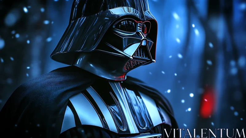 Midnight armored villain under snowfall in neon blue gloom.