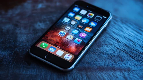 iPhone Home Screen Illuminated Against Dark Wooden Surface.
