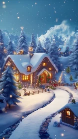 Snowy mountain village cottage under winter night sky.