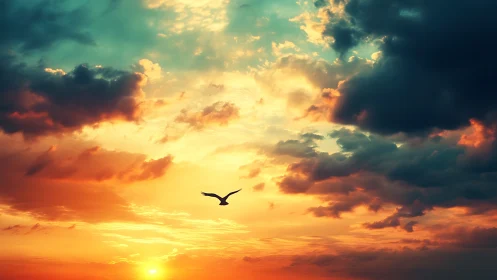 Solitary bird glides across a vivid, storm-kissed sunset sky