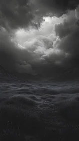 Storm-churned clouds over desolate midnight valley path.