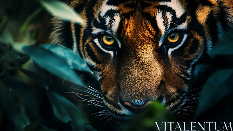 Macro telephoto close-up isolates tiger gaze through dense foliage