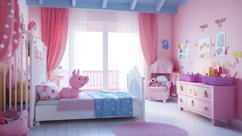 Pastel pink nursery interior with playful toy character decor.