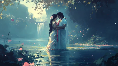 Two figures embrace in luminous fantasy waterscape