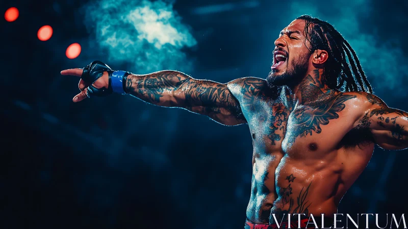 Tattooed combat athlete under arena lights, arms extended.