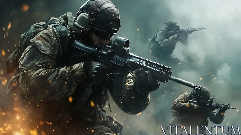 Photorealistic tactical squad advancing through combat haze.