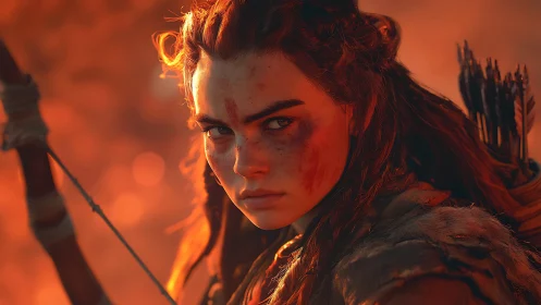 Warrior huntress stares down the horizon in fiery dusk light.