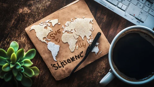Desk layout with world map notebook, keyboard and coffee.
