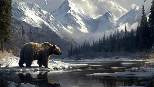 Solitary winter grizzly patrolling a glassy alpine river.