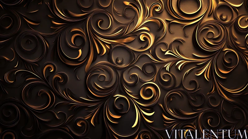 Baroque metallic scrollwork pattern with golden relief curls