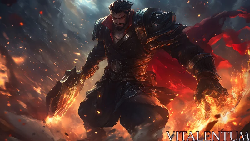 Armored fire warrior strides through a storm of embers