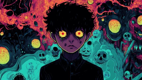 Haunted-eyed boy stands before swirling neon nightmares