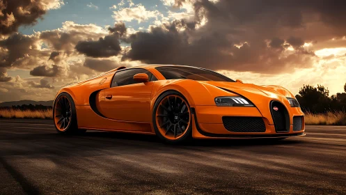 Orange supercar on open road under dense evening clouds.